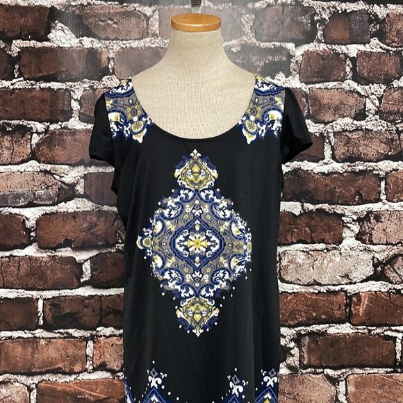 INC International Concepts Midi Dress Short Sleeve Paisley Black Blue Size Large - Picture 9 of 16